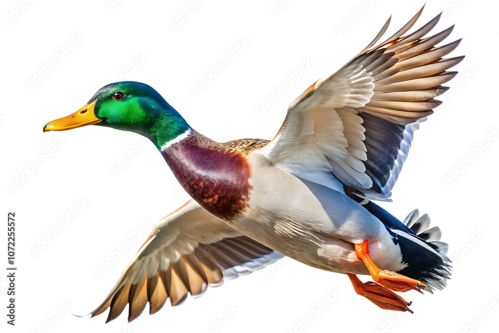 Obraz premium Male Mallard duck drake in flight isolated white background. AI GENERATED 