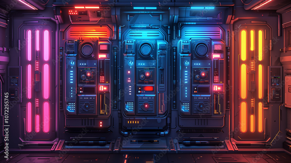 Futuristic sci-fi server room with vibrant neon lights, advanced technology panels, and cyberpunk atmosphere Futuristic sci-fi server room with vibrant neon lights, advanced technology panels, and cyberpunk atmosphere