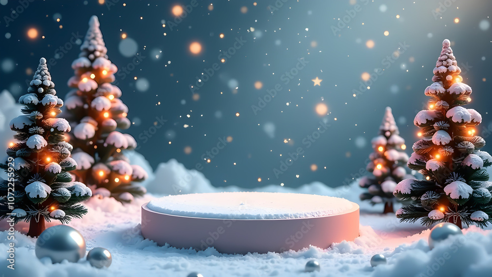 Christmas background with cylindrical podium for promotion. Round stage for presentation sale product. Stage pedestal or platform in snow between Xmas trees, glass balls hanging
