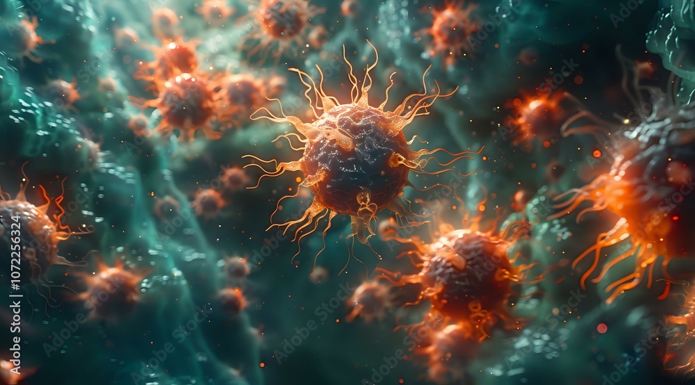 Fototapeta premium Luminescent microscopic red and blue spheres with glowing orange cores create dramatic scientific imagery perfect for biotechnology and research presentations.