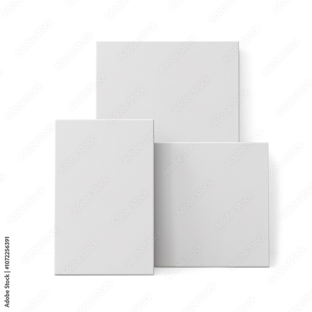 Three Blank White Canvases of Varying Sizes on a Transparent Background Three Blank White Canvases of Varying Sizes on a Transparent Background