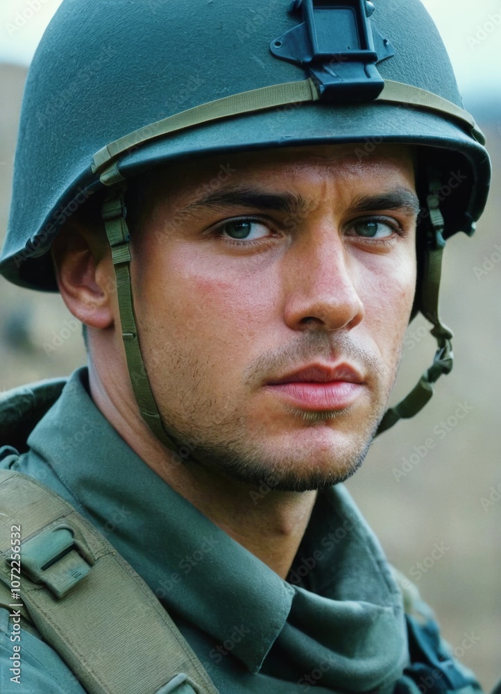 portrait of a man soldier with helmet face military tired looking to camera army workout uniform male portrait of a man soldier with helmet face military tired looking to camera army workout uniform male