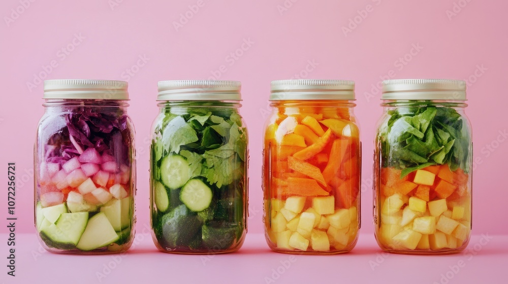Mason jar salads with vegetables, layered for freshness, pastel background, [Healthy lunch], [Grab-and-go convenience]