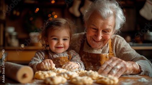 Heartwarming Christmas Baking Scene with Grandparent and Child, Sharing Joyful Moments of Making Cookies