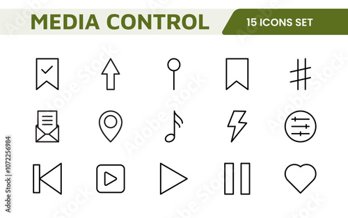 Media Control Icon Set. Sleek and intuitive audio and video playback icons are perfect for enhancing user interfaces in media apps, streaming services, and entertainment platforms.