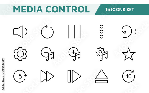 Media Control Icon Set. Sleek and intuitive audio and video playback icons are perfect for enhancing user interfaces in media apps, streaming services, and entertainment platforms.