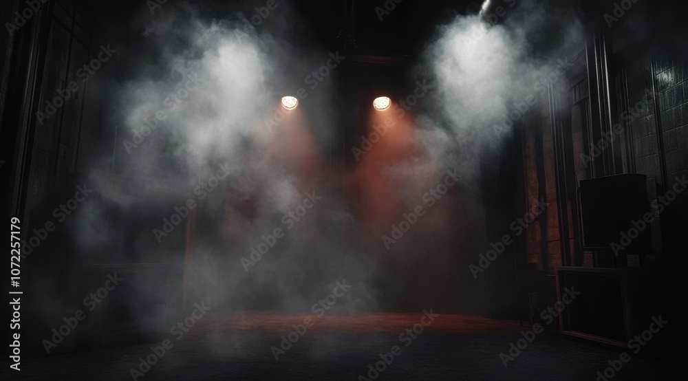 Obraz premium A dark stage with spotlights shining down, smoke in the air