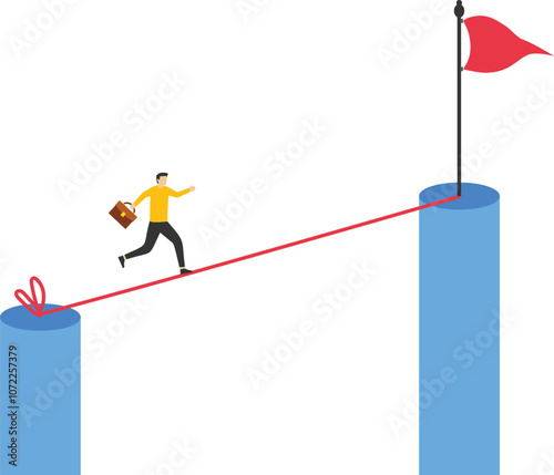 Career challenge or growth and improvement, businessman walking on tightrope towards success target concept vector illustration

