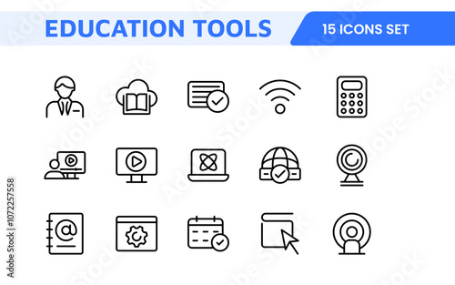 Education Tools Icon Set. Engaging and versatile icons for learning apps, classrooms, and online courses, perfect for enhancing educational resources and making learning fun and accessible.