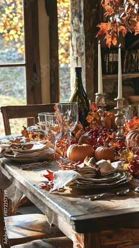 Fall Thanksgiving Table Decorated with Leaves and Pumpkins