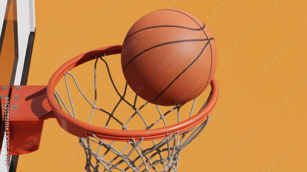 A vibrant orange basketball smoothly balances on the rim of a basketball hoop against a warm orange background, capturing the essence of the game. A vibrant orange basketball smoothly balances on the rim of a basketball hoop against a warm orange background, capturing the essence of the game.