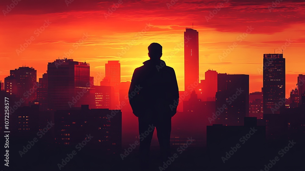 A silhouette of a person standing against a vibrant sunset over a city skyline. A silhouette of a person standing against a vibrant sunset over a city skyline.