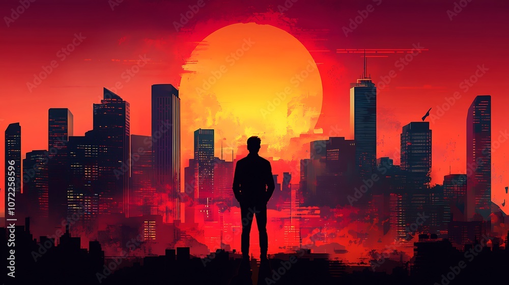 A silhouette of a person against a vibrant sunset and a city skyline, evoking a sense of contemplation and ambition. A silhouette of a person against a vibrant sunset and a city skyline, evoking a sense of contemplation and ambition.