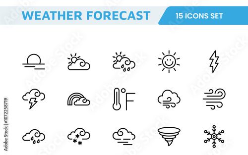 Weather Forecast Icon Set. Bright and dynamic icons for accurate weather reporting, perfect for enhancing apps, websites, and digital platforms Vector icons.