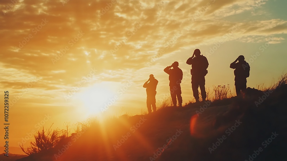 Fototapeta premium Silhouettes of soldiers saluting during a sunset, symbolizing respect and remembrance.