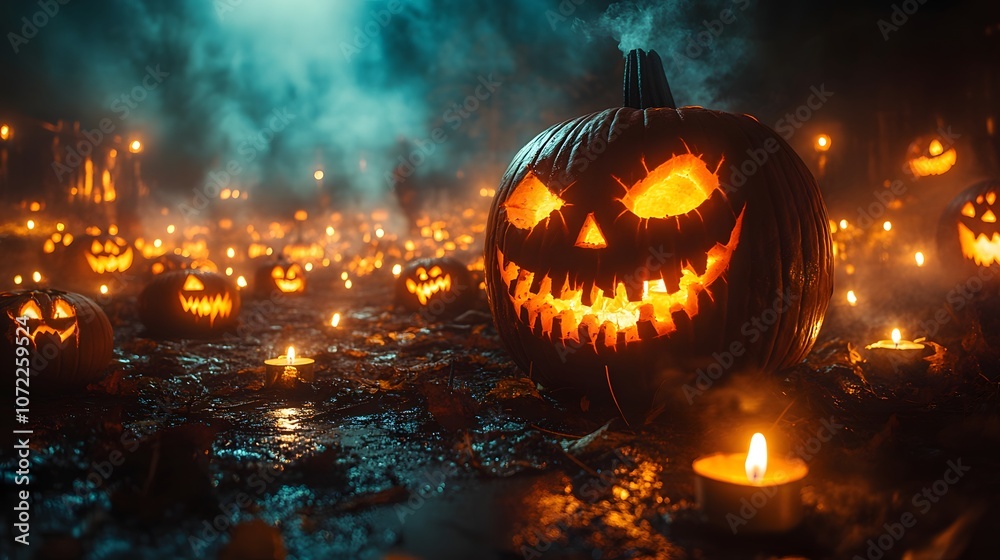 Spooky Scene in a Foggy Pumpkin Patch Filled with Glowing Jack-O'-Lanterns, Capturing the Essence of Halloween Night Amidst Mist and Shadows Spooky Scene in a Foggy Pumpkin Patch Filled with Glowing Jack-O'-Lanterns, Capturing the Essence of Halloween Night Amidst Mist and Shadows