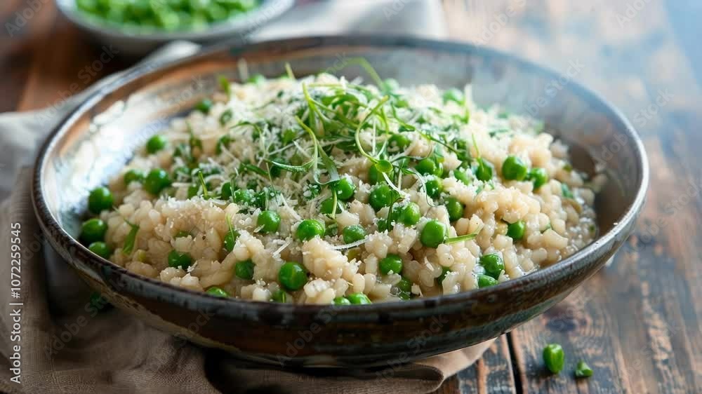 Rustic bowl is filled with creamy risotto topped with fresh peas, parmesan cheese, and herbs. This appetizing dish is ready to be enjoyed