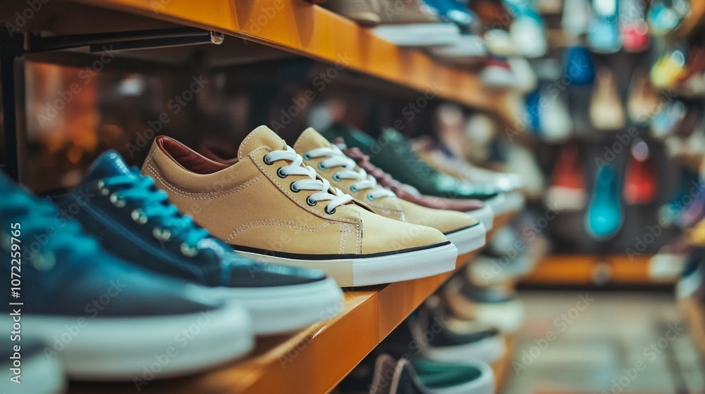 Close-up of Tan and Blue Sneakers on Wooden Shelf Close-up of Tan and Blue Sneakers on Wooden Shelf