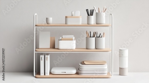 Compact, open shelving with minimalist desk supplies and a soft color palette, for an organized, clean workspace.