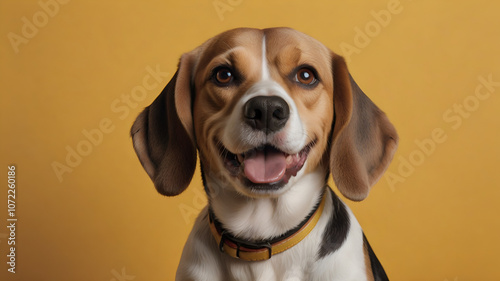 Portrait of adorable beagle against yellow background 