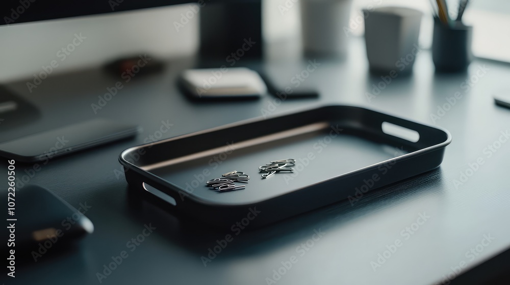 Tiny metal tray with a few paper clips and a sleek stapler on a clean desk surface, showing minimal organization. Tiny metal tray with a few paper clips and a sleek stapler on a clean desk surface, showing minimal organization.