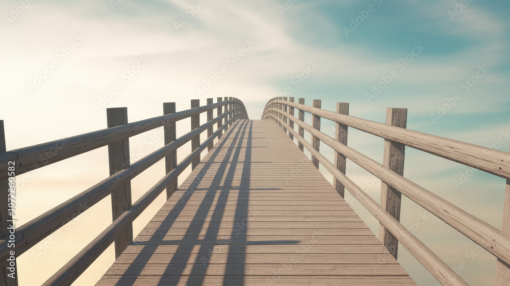 A serene wooden bridge leads into a calm horizon under a soft, pastel sky. Perfect for nature and tranquility themes. A serene wooden bridge leads into a calm horizon under a soft, pastel sky. Perfect for nature and tranquility themes.