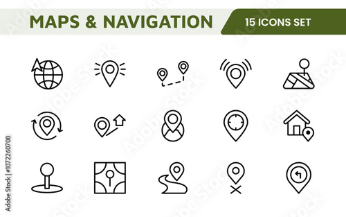 Maps Icon Set. Versatile and visually appealing icons for navigation, location services, and travel apps, designed to enhance user experience and make exploring the world more intuitive and enjoyable.