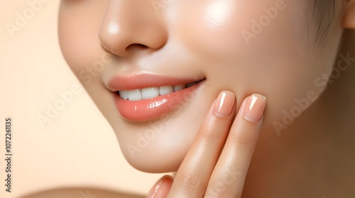 Woman with beautiful face touching healthy facial skin portrait. A close-up shot of a woman skin and natural makeup in a studio. Concept for Facial treatment, Cosmetology, skin care, beauty and spa .