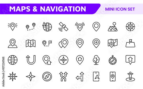 Maps Icon Set. Versatile and visually appealing icons for navigation, location services, and travel apps, designed to enhance user experience and make exploring the world more intuitive and enjoyable.