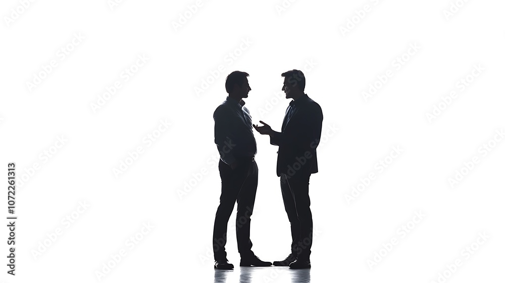 Two silhouetted figures engaged in conversation against a bright background. Two silhouetted figures engaged in conversation against a bright background.
