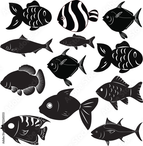 fish vector, black vector art illustration, white background, eps files