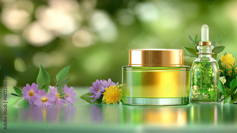 Natural skincare products with flowers and greenery create calming atmosphere Natural skincare products with flowers and greenery create calming atmosphere