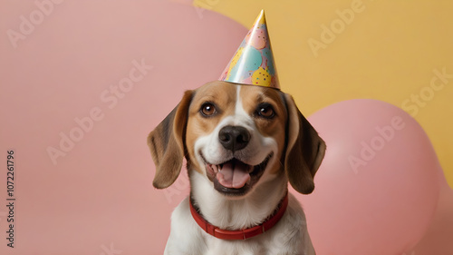 Beagle with birthday party hat