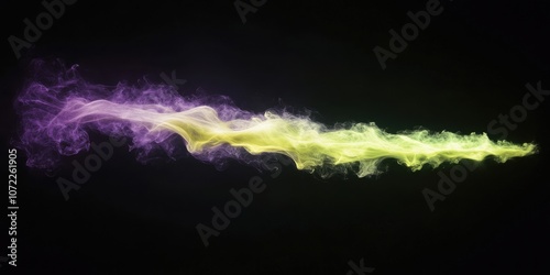 elevated angle of luminous purple, electric yellow, and phosphorescent green smoke blast, obsidian background, diagonal compositional flow