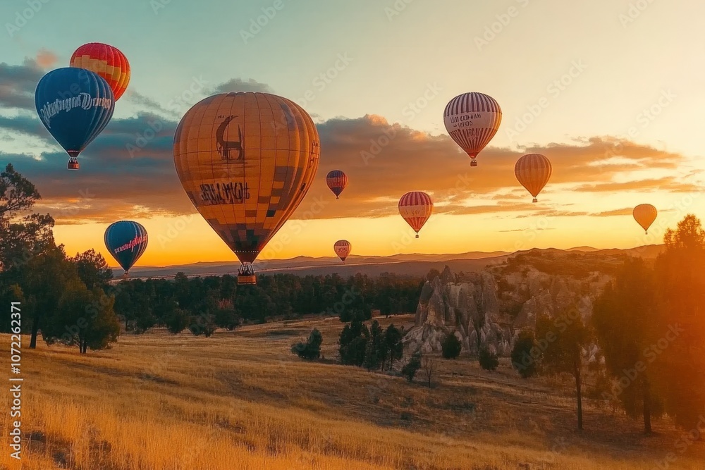 Obraz premium Colorful hot air balloons soaring over a scenic landscape at sunset