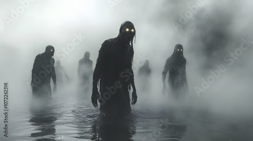 Eerie Scene of a Group of Zombies Emerging from Thick Fog with Glowing Eyes, Creating a Chilling Atmosphere of Terror and Suspense in a Misty Landscape