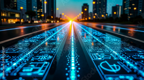 The bustling city street features glowing digital lines and circuit-like patterns on the asphalt as buildings rise in the background, creating a vibrant evening atmosphere