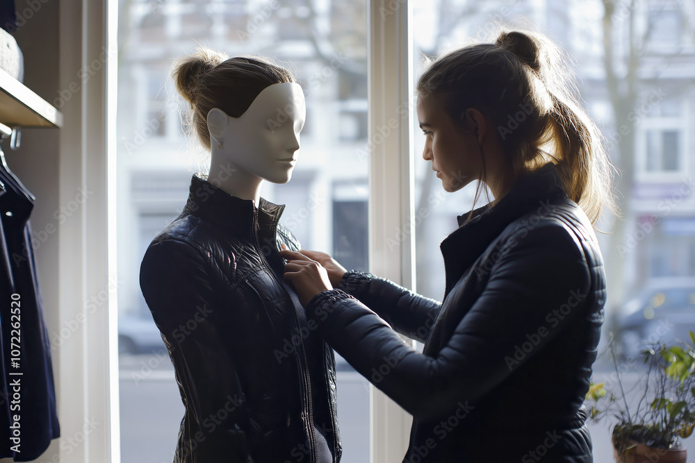 A consultant adjusting a mannequin's outfit in a stylish boutique, with a modern, minimalist interior. A consultant adjusting a mannequin's outfit in a stylish boutique, with a modern, minimalist interior.