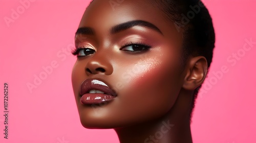 Black Woman with beautiful face touching healthy facial skin portrait. A close-up shot of a woman skin and natural makeup in a studio. Concept for Facial treatment, Cosmetology, skin care, beauty 