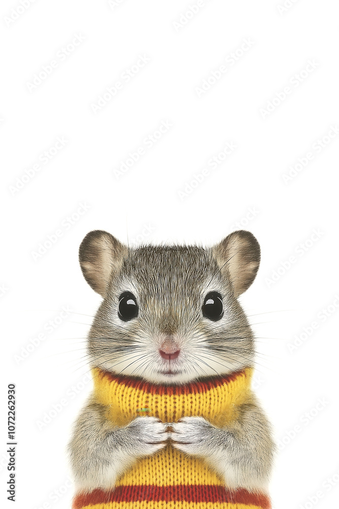 Obraz premium Adorable hamster in cozy sweater on neutral background