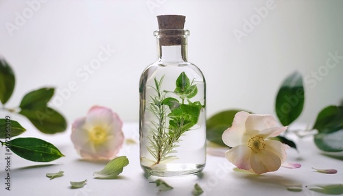 Cosmetic bottles with natural herbs and flower petals