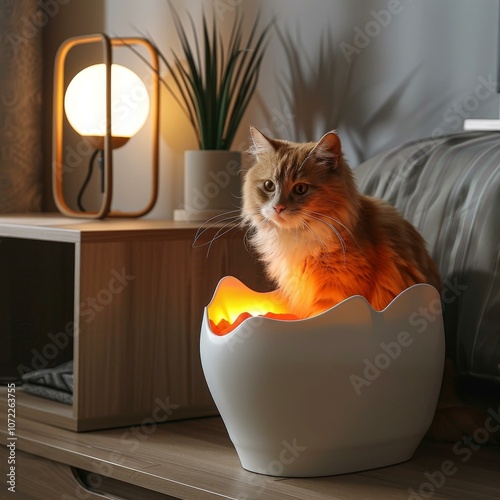 A ginger cat is sitting in a white egg-shaped cat bed. photo