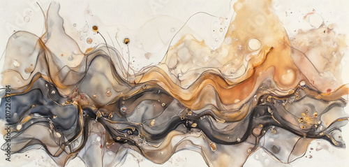 Abstract watercolor design of gold and black flowing lines photo