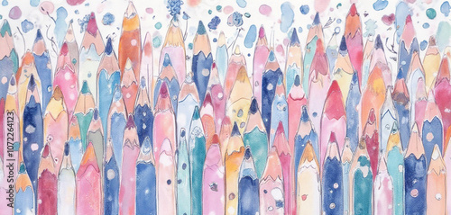 Seamless pattern of colorful pencils with decorative designs