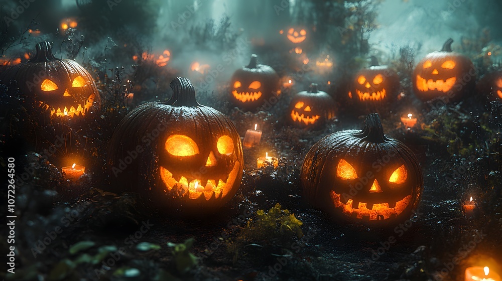 Fototapeta premium A Spooky Halloween Garden Full of Glowing Jack-o'-Lanterns Nestled Among Foggy Trees and Twinkling Nightlights