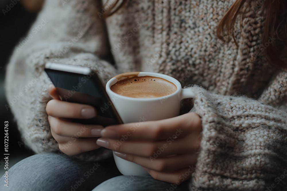 A young woman holding her mobile phone in one hand and a cup of coffee in the other, capturing a candid and modern lifestyle moment. A young woman holding her mobile phone in one hand and a cup of coffee in the other, capturing a candid and modern lifestyle moment.