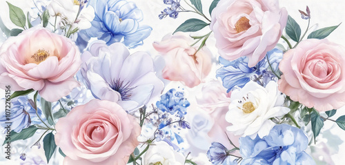 Watercolor floral design of roses and blue hydrangeas