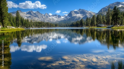 A serene landscape featuring a clear lake reflecting mountains and clouds, surrounded by lush trees under a bright blue sky.