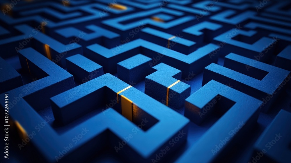 A blue 3D maze with a glowing path to the center. A blue 3D maze with a glowing path to the center.