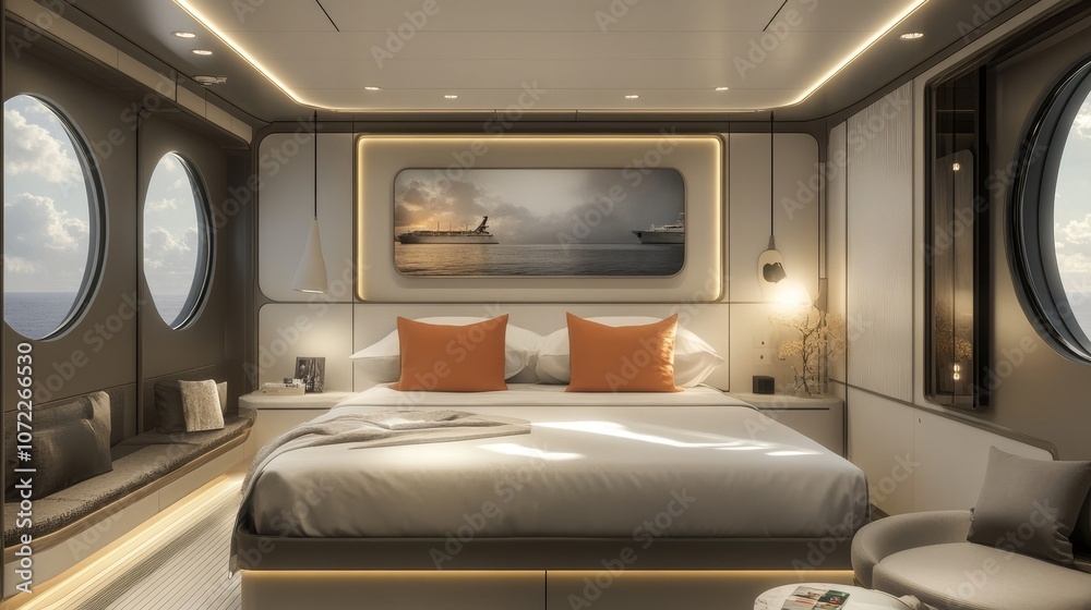 Luxurious cruise ship cabin with a large bed, modern decor, and two round windows offering ocean views. The room features ambient lighting, stylish furnishings, and a minimalistic design with warm acc Luxurious cruise ship cabin with a large bed, modern decor, and two round windows offering ocean views. The room features ambient lighting, stylish furnishings, and a minimalistic design with warm acc